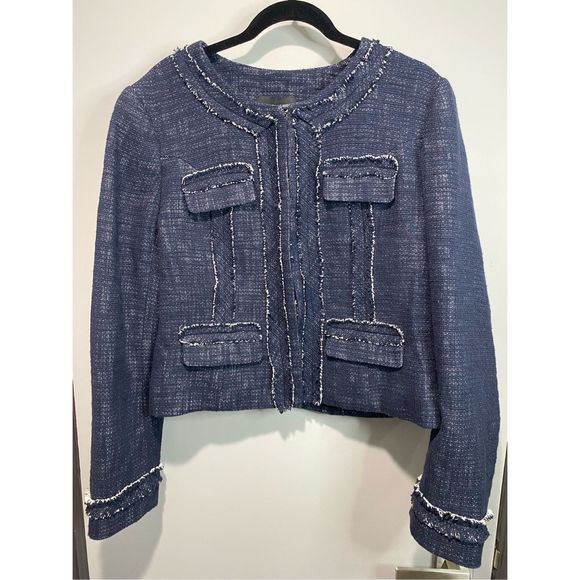 NWT Size 16, Jeanne Beker blue and white distressed cotton/linen blend blazer. - Picture 1 of 6
